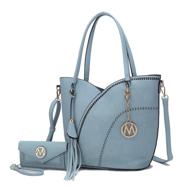 Mkf Collection By Mia K Imogene Two-tone Whip Stitches Vegan Leather Women's Shoulder Bag With Wallet- 2 Pieces In Blue