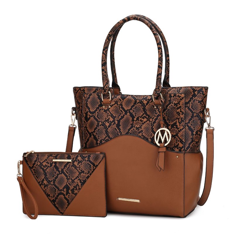 Mkf Collection By Mia K Iris Snake Embossed Vegan Leather Women's Tote Bag With Matching Wristlet Pouch In Brown