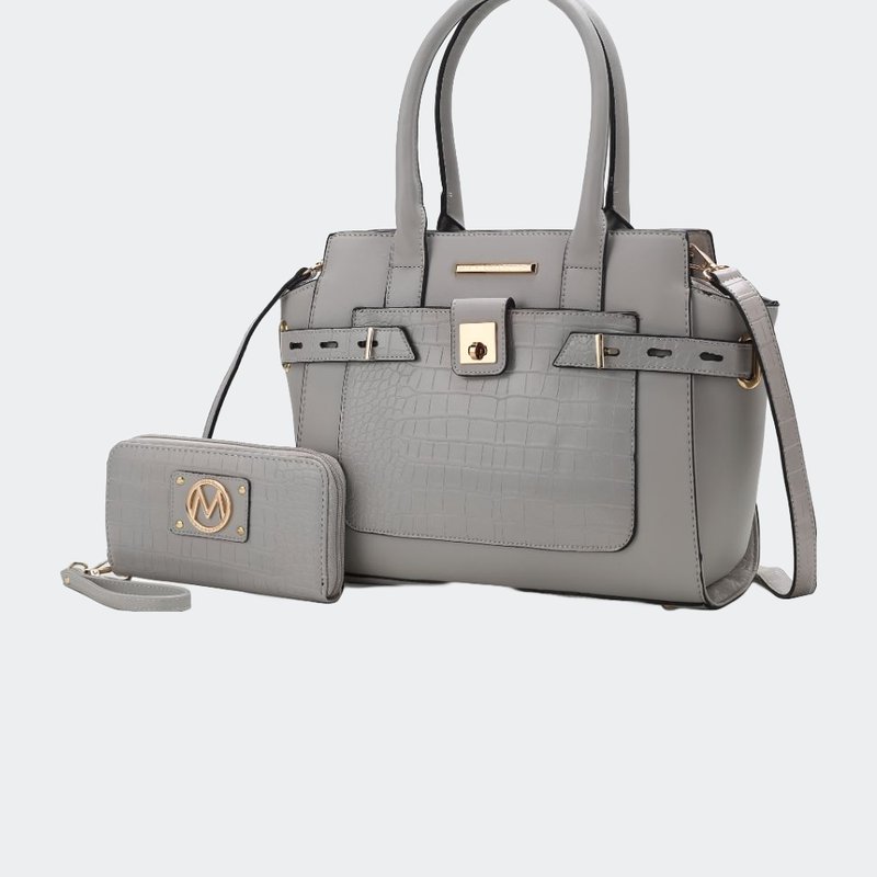 Mkf Collection By Mia K Isla Crocodile Embossed Vegan Leather Women's Satchel Bag With Wallet -2 Pieces In Grey