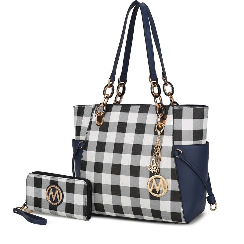 Mkf Collection By Mia K Yale Checkered Tote Handbag With Wallet In Blue