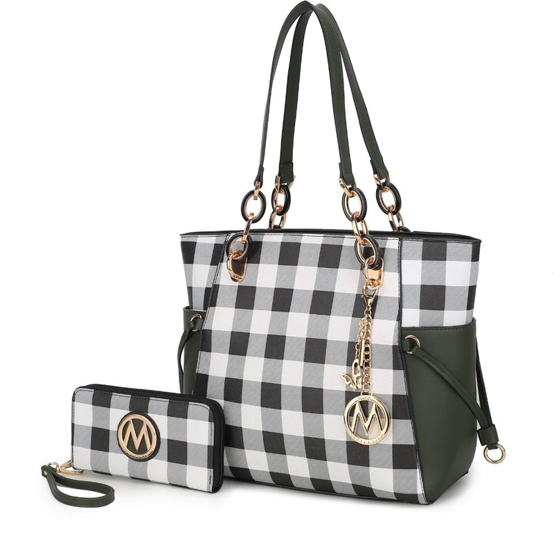 Mkf Collection By Mia K Yale Checkered Tote Handbag With Wallet In Green