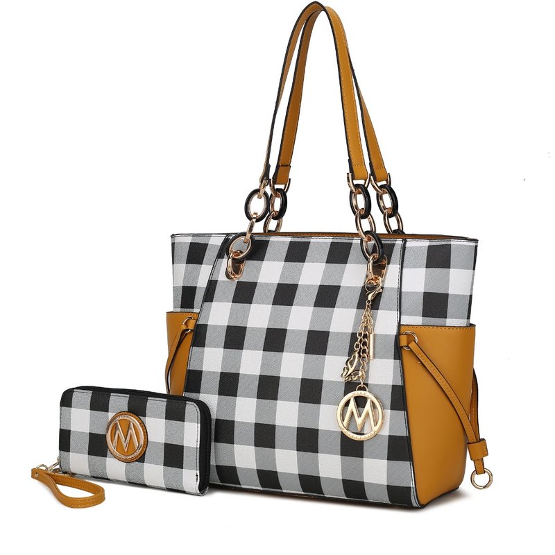 Mkf Collection By Mia K Yale Checkered Tote Handbag With Wallet In Yellow