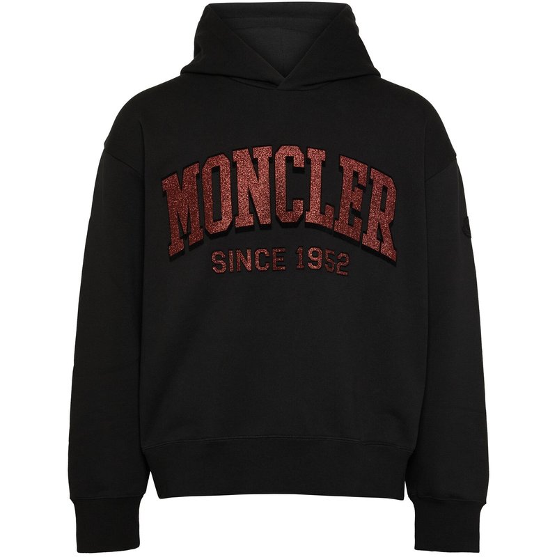 Shop Moncler Men Red Glitter Logo Drawstrings Hooded Pullover Cotton Sweatshirt In Black