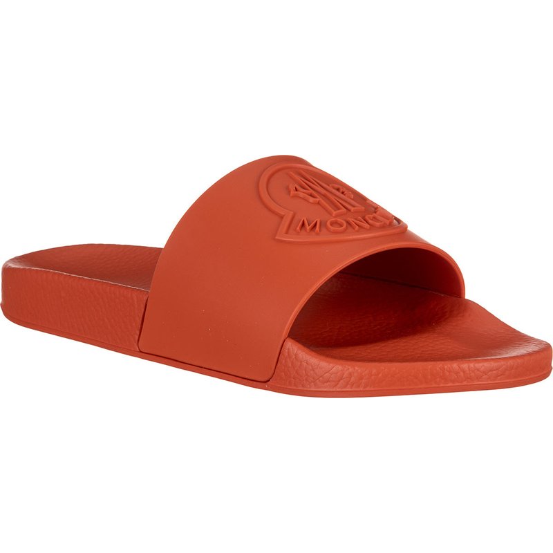 Shop Moncler Men's Footwear Basile Orange Logo Rubber Slides
