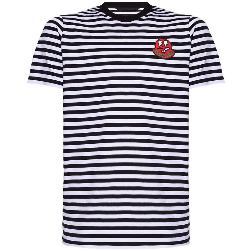 Shop Moncler Striped Logo Patch T- Shirt In Black