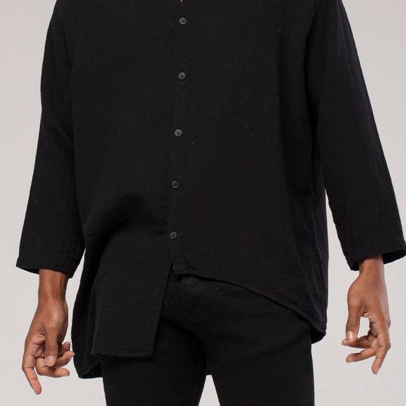 Monique Linen Mandarin Neck 3/4 Sleeve Button Down Asymmetric Shirt- Black