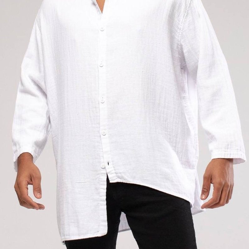 Monique Linen Mandarin Neck 3/4 Sleeve Button Down Asymmetric Shirt In White