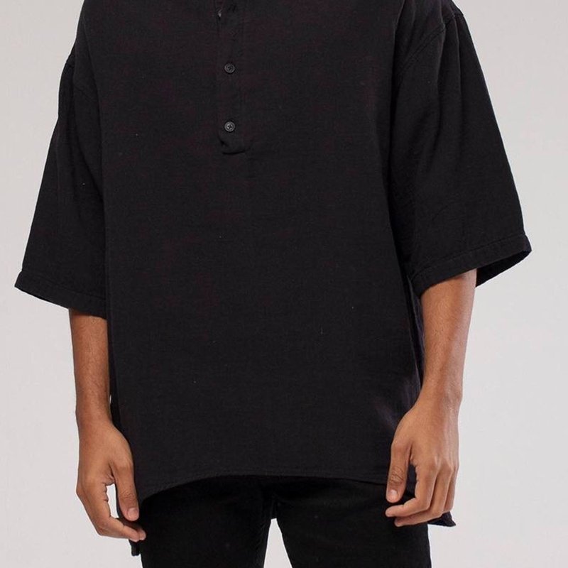 Monique Linen Mandarin Neck Half Button Short Sleeve Shirt In Black