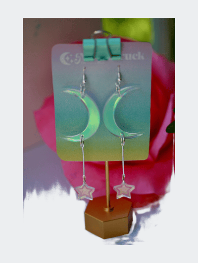 Moonstruck Designs PDX Crescent Moon Earrings - Luna Lunar Celestial Star Weather Planet Wiccan Witchy Goth Cosmic Lasercut Iridescent Reflective Rainbow Dangle product