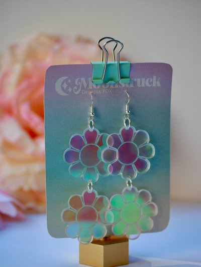 Moonstruck Designs PDX Double Daisy Earrings - Retro Groovy 70s Flower Bloom Blossom Plant Color Shift Jewelry Dangle Acrylic Holo Iridescent Rainbow Reflective product