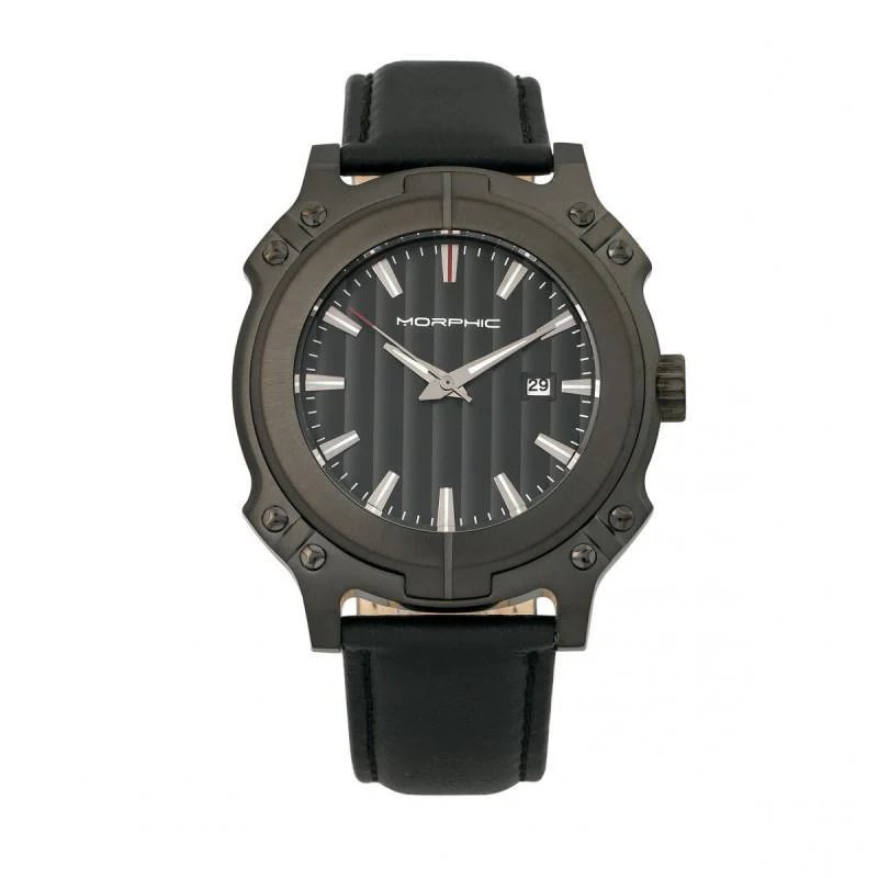 Morphic M68 Series Leather-band Watch With Date In Black