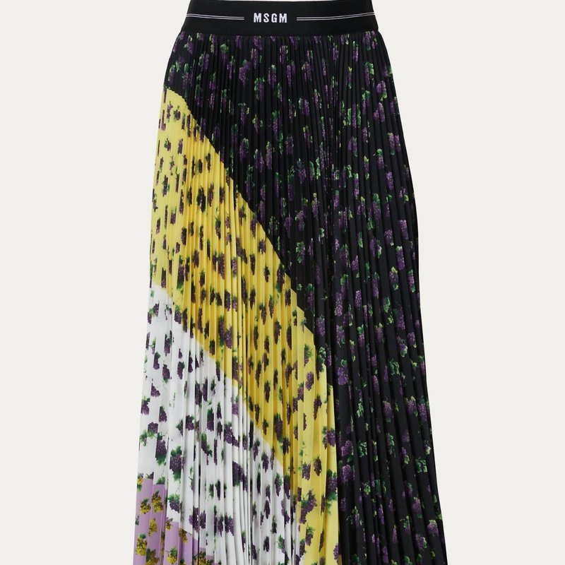 Shop Msgm Logo Wasitband Pleated Skirt In Black/yellow/white