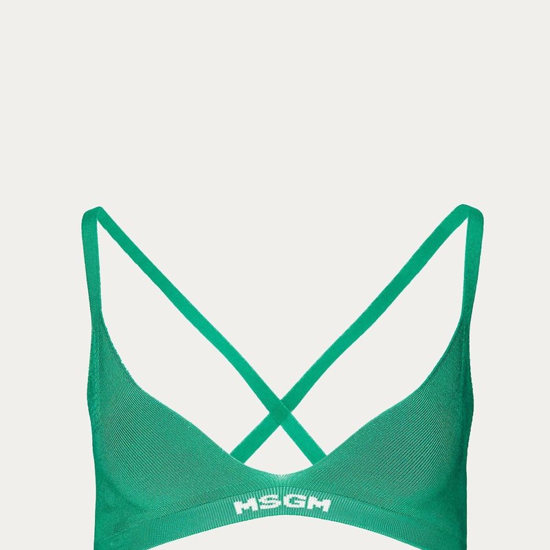 Shop Msgm Ribbed Knit Logo-hem Bra In Green