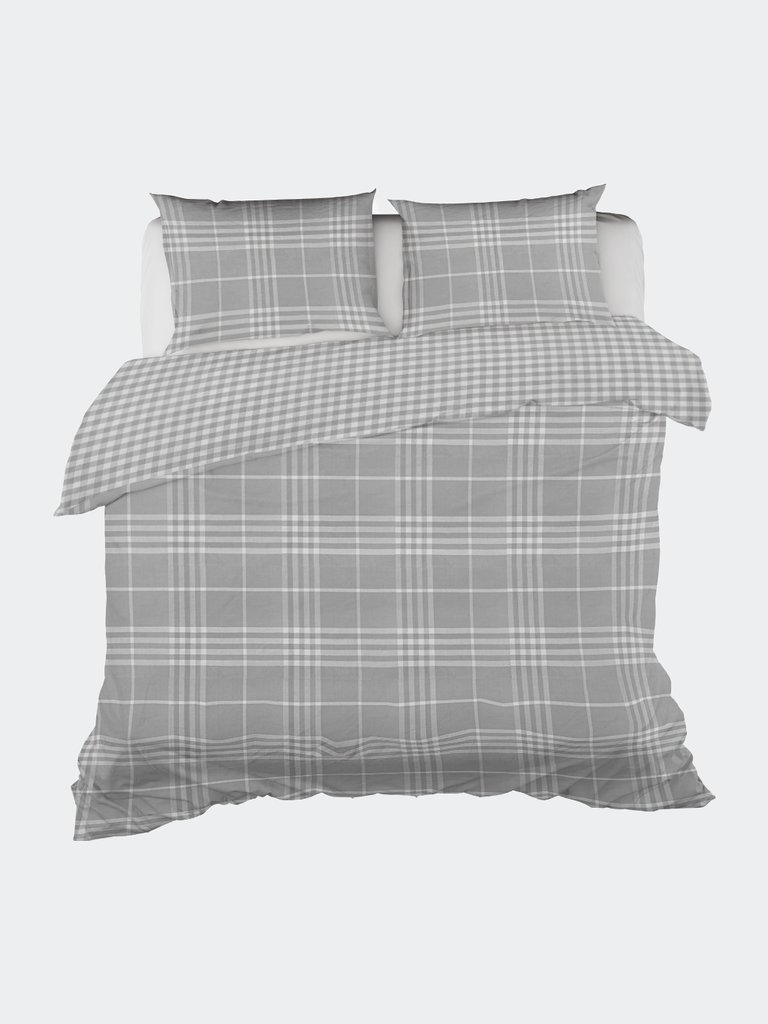 Banbury Plaid Grey Reversible Duvet Cover Set With 2 Pillow Shams - Grey
