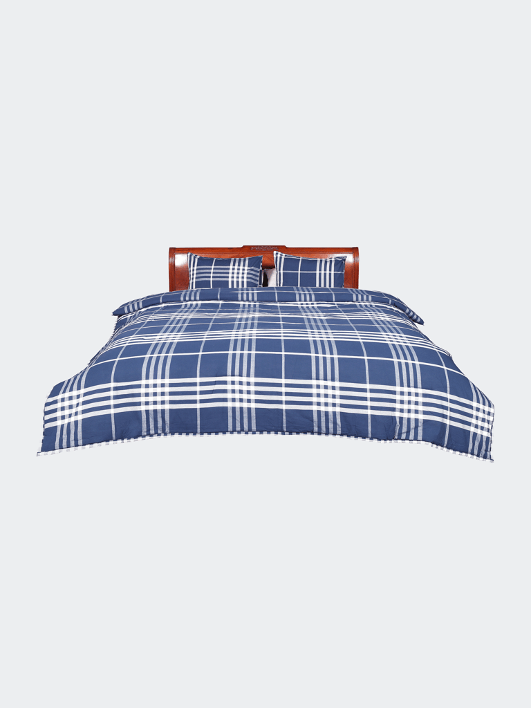 Banbury Plaid Navy and Ivory Cotton Queen Comforter Set - Navy And Ivory