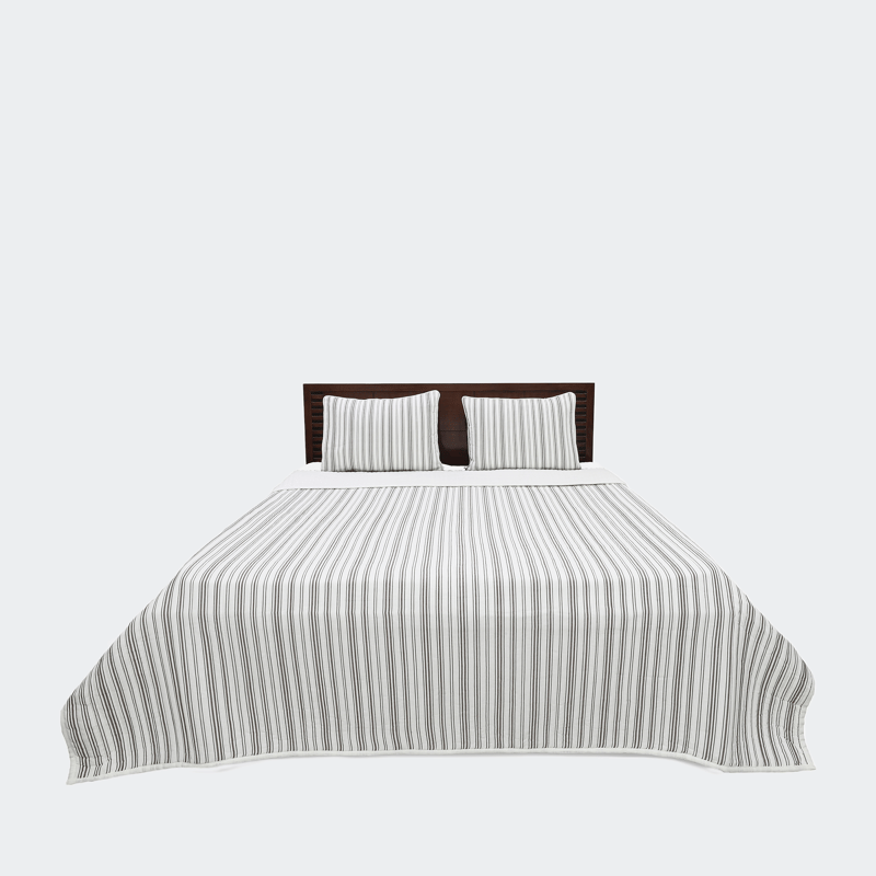 Ninety Six Ticking Stripe Ivory And Brown Cotton Queen Quilt Set In White