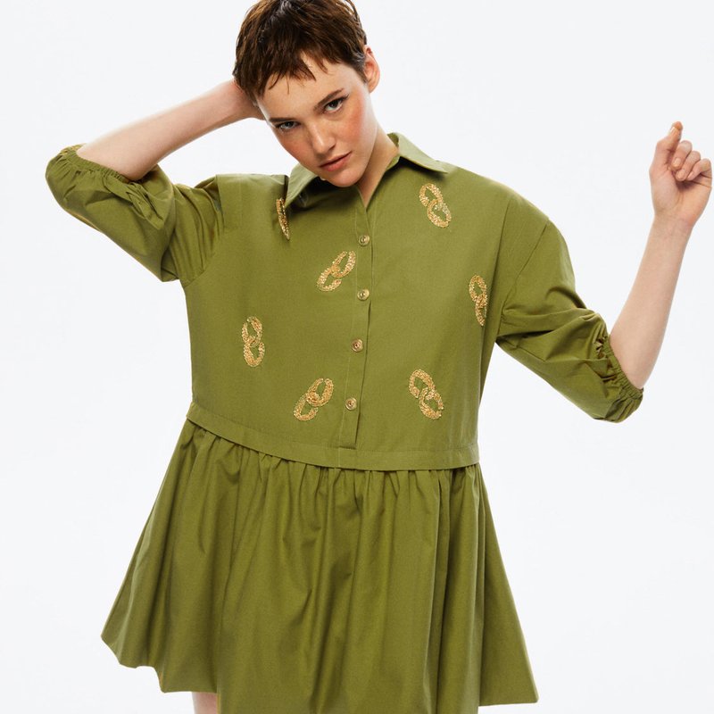 Shop Nocturne Embroidered Balloon Sleeve Dress In Green