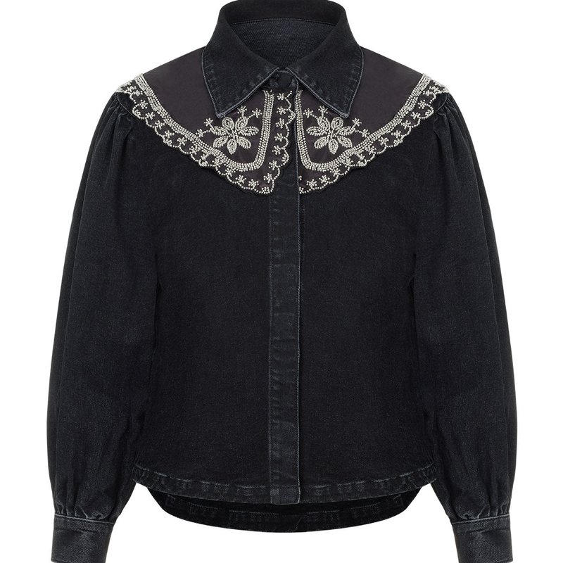 Nocturne Embroidered Collared Denim Shirt In Black