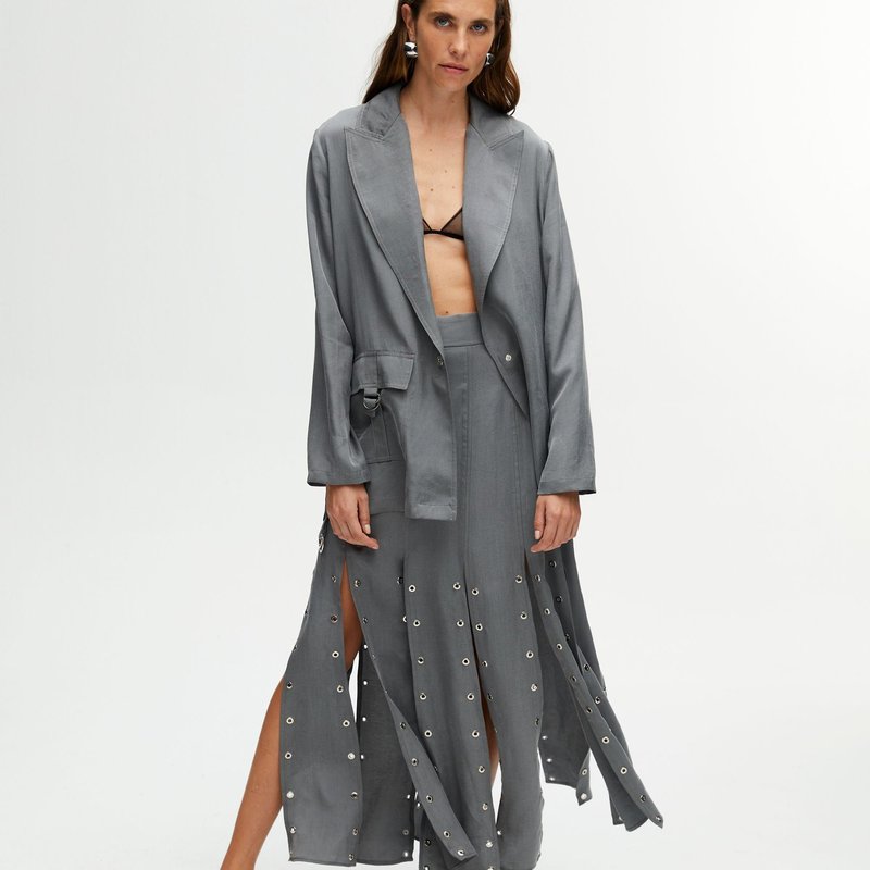 Shop Nocturne Long Eyelet Skirt With Slits In Grey
