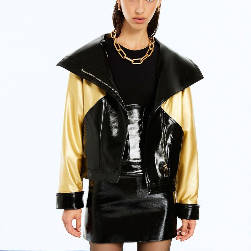 Shop Nocturne Wide Collar Patent Faux Leather Jacket In Gold