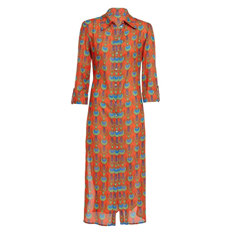 Coral Shirt Dress with Tulip Design - Coral