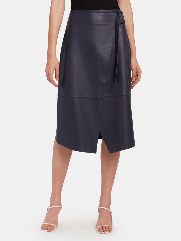 Alba Leather Wrap Midi Skirt - Navy