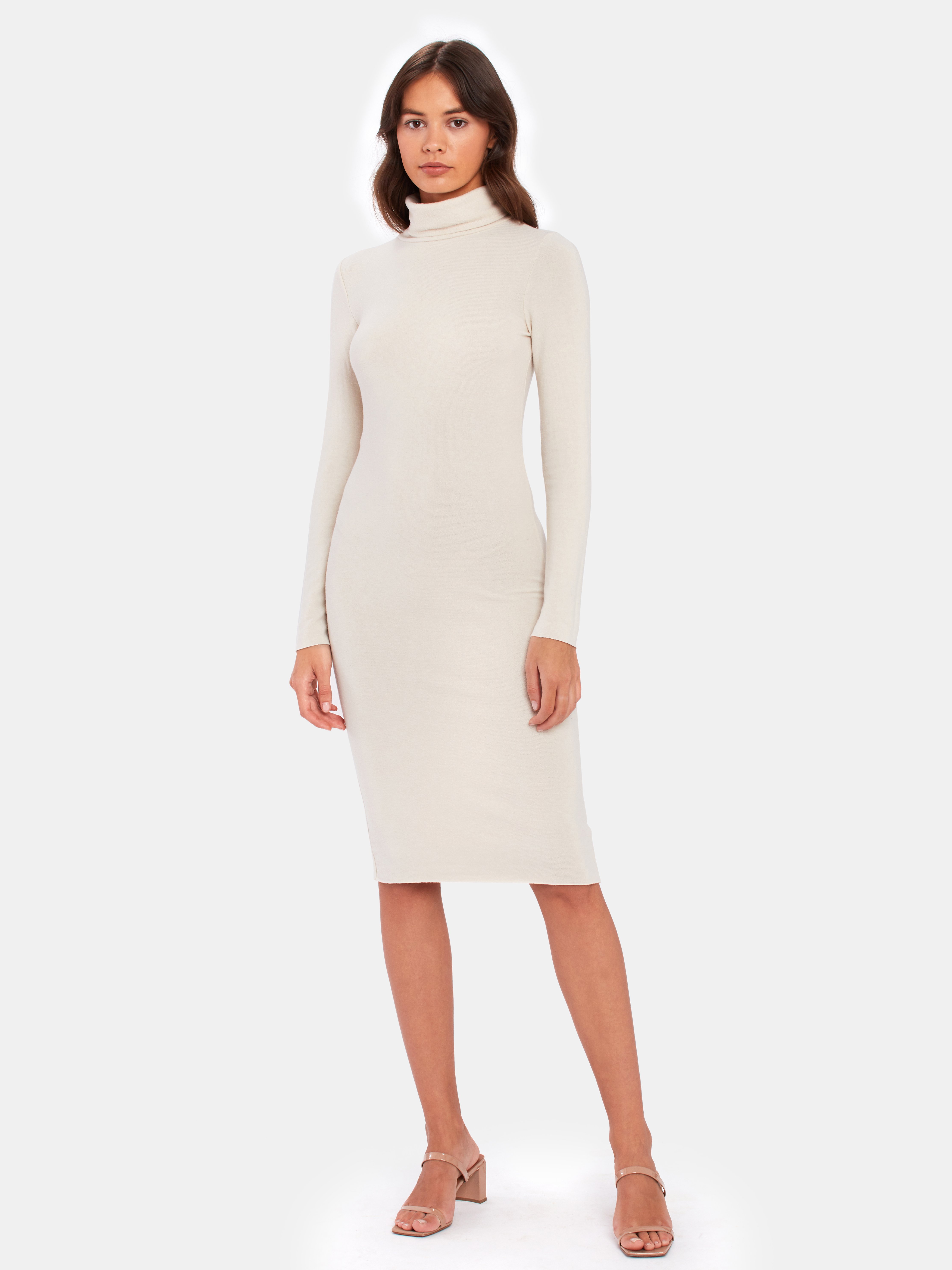 ribbed turtleneck midi dress