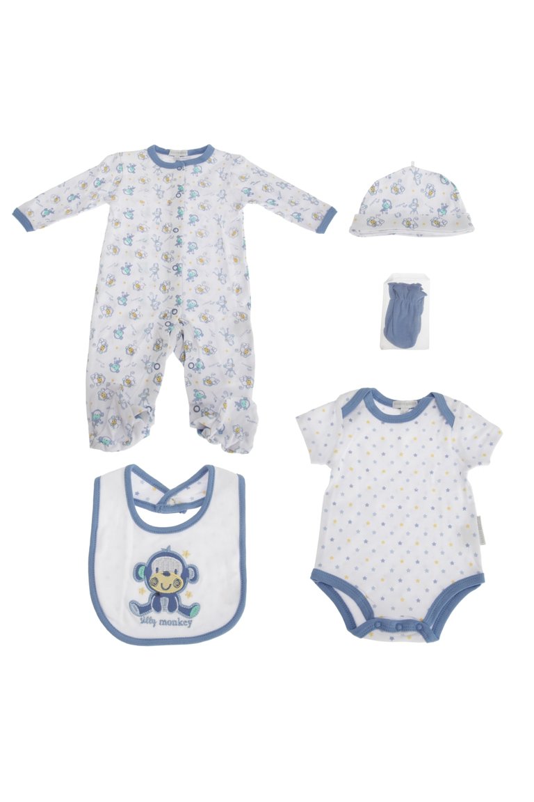 Nursery Time Baby 5 Piece Gift Set With Monkey Design (White/Blue) (3 - 6 Months) - White/Blue