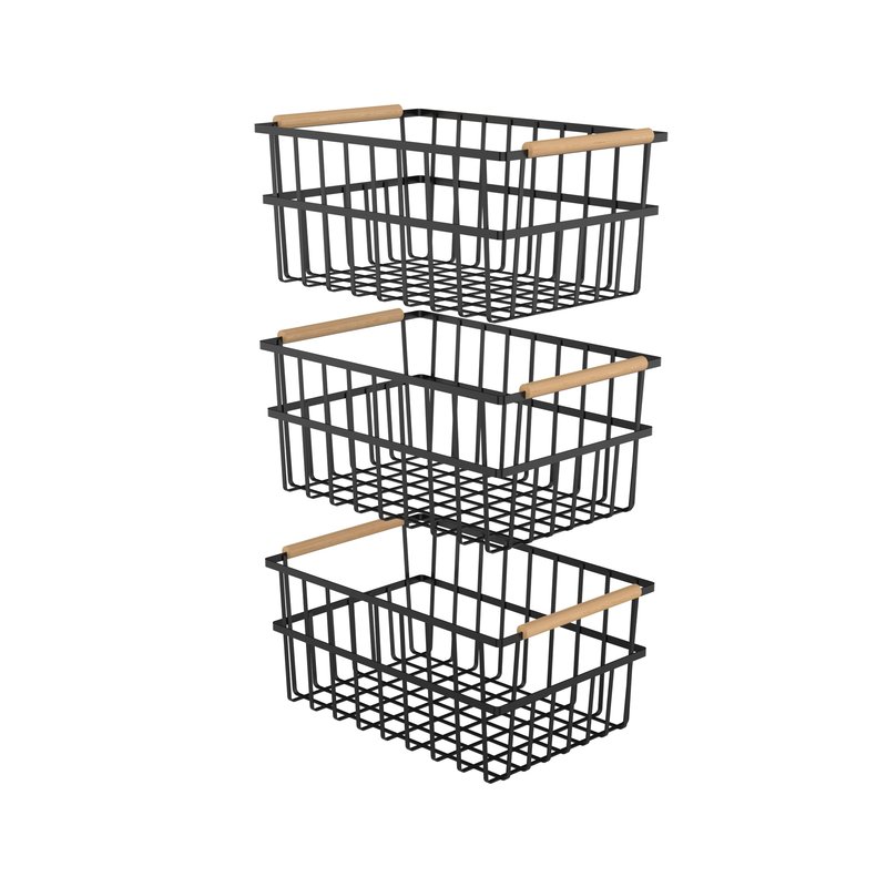 Oceanstar Metal Wire Organizer Bin Basket With Handles, Set Of 3, Black