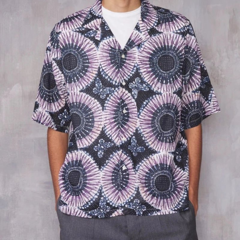 Shop Officine Generale Eren Short Sleeves Japanese Cotton Ethnic Print Shirt In Purple
