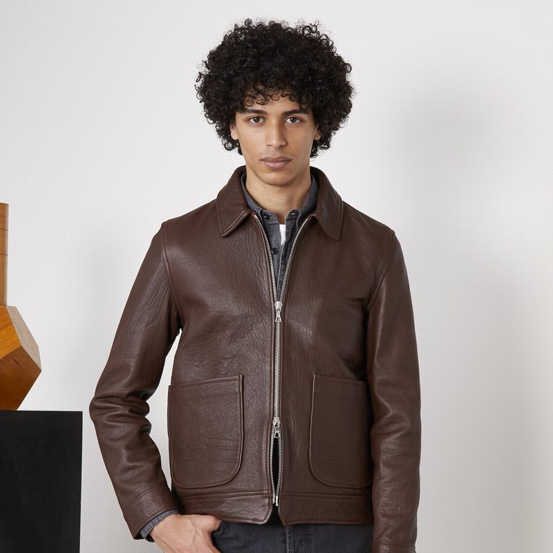 Officine Generale Kael Jacket French Leather Grain In Brown