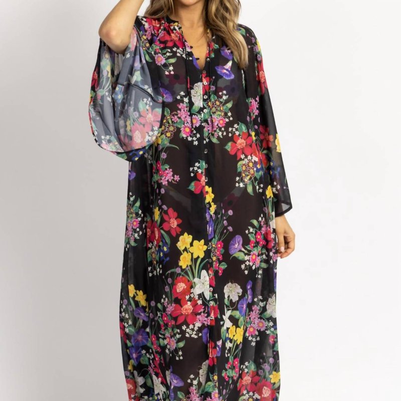 Olivaceous Multifloral Tie Neck Coverup Maxi In Black