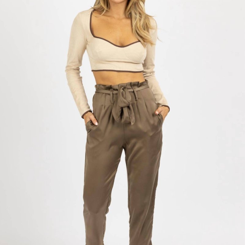 Shop Olivaceous Satin Front Pleat Tie Pant In Green
