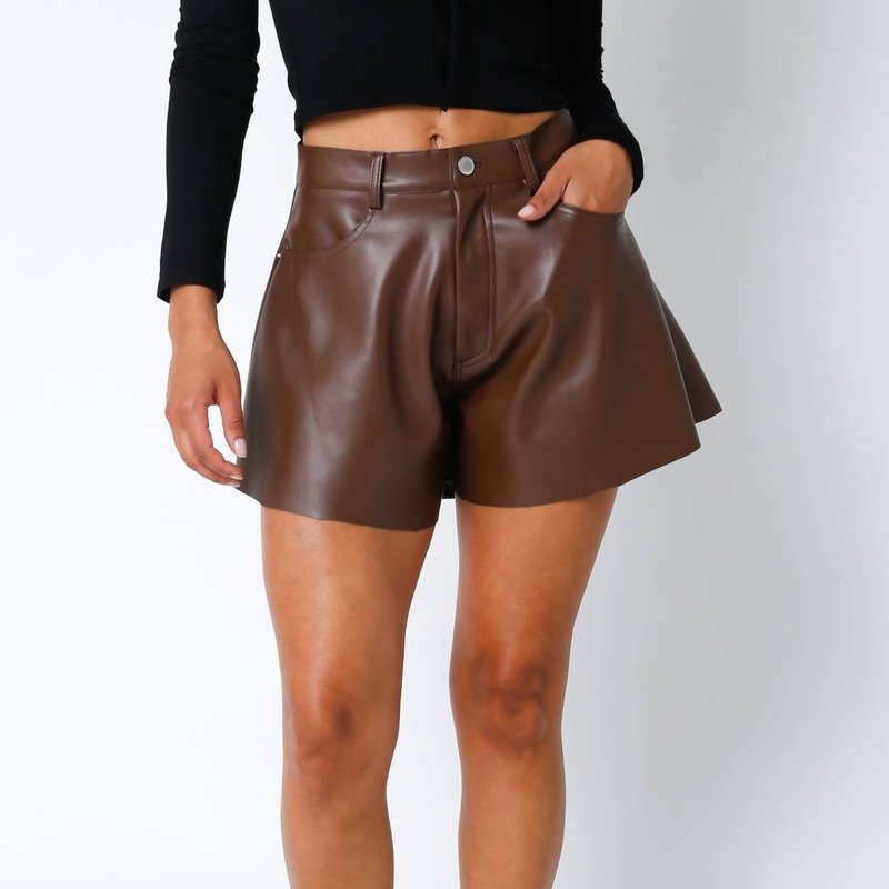 Olivaceous Vegan Leather Flare Shorts In Brown