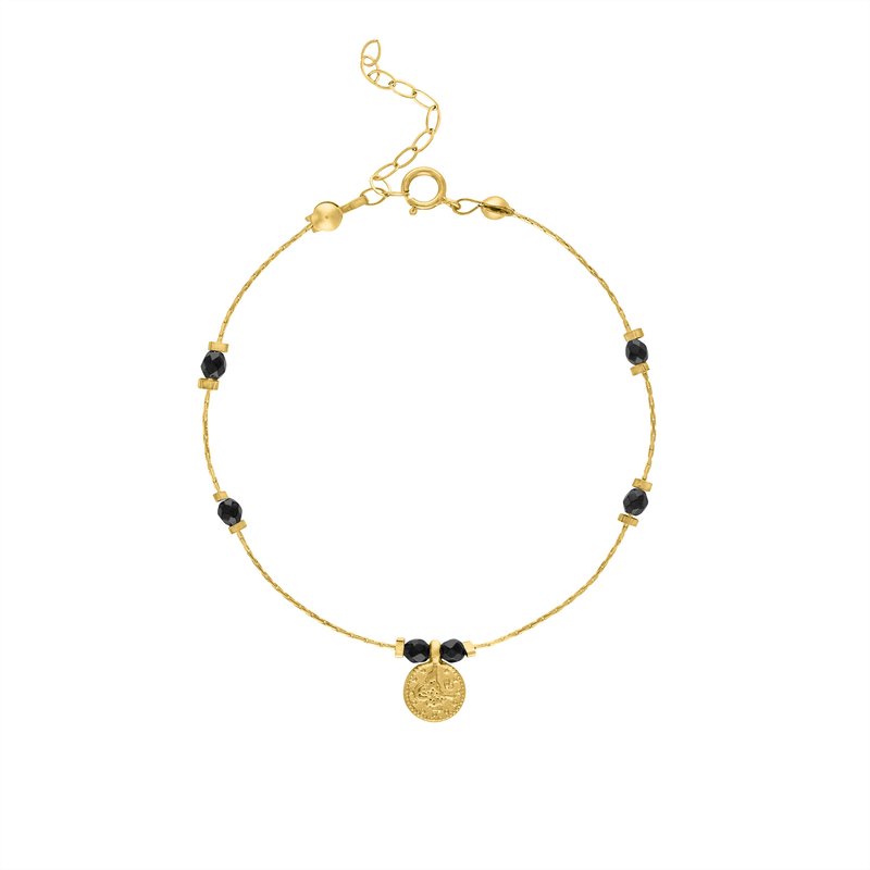 Olivia Le Journey Black Agate Beaded Bracelet With Coin In Gold