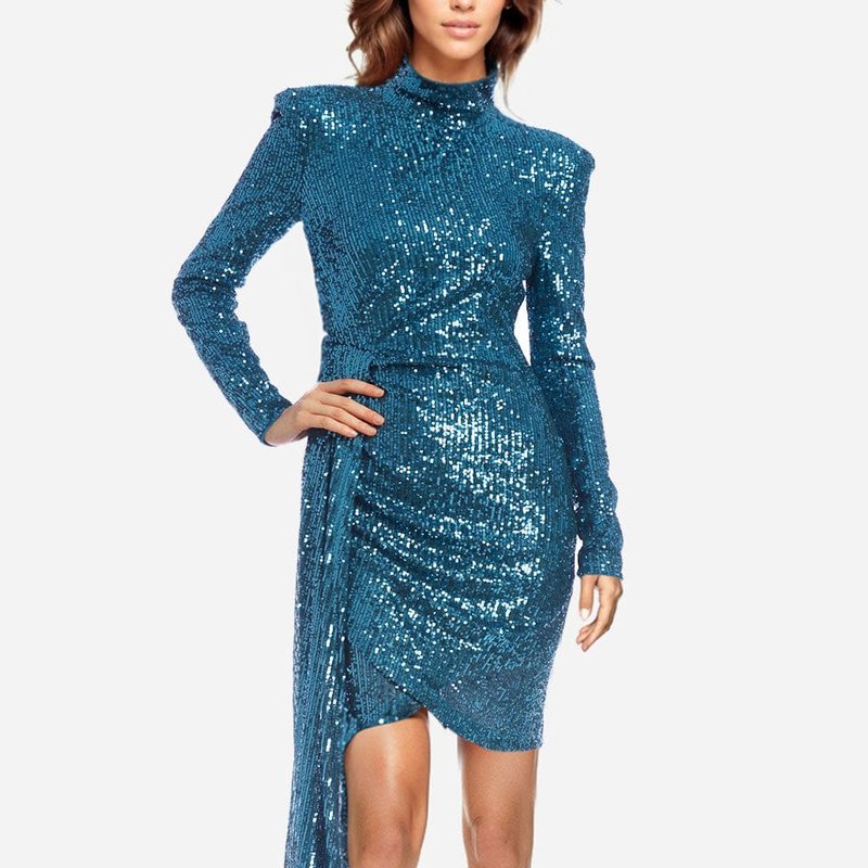 One33 Social The Diana | Peacock Sequin Faux Wrap Cocktail Dress In Blue