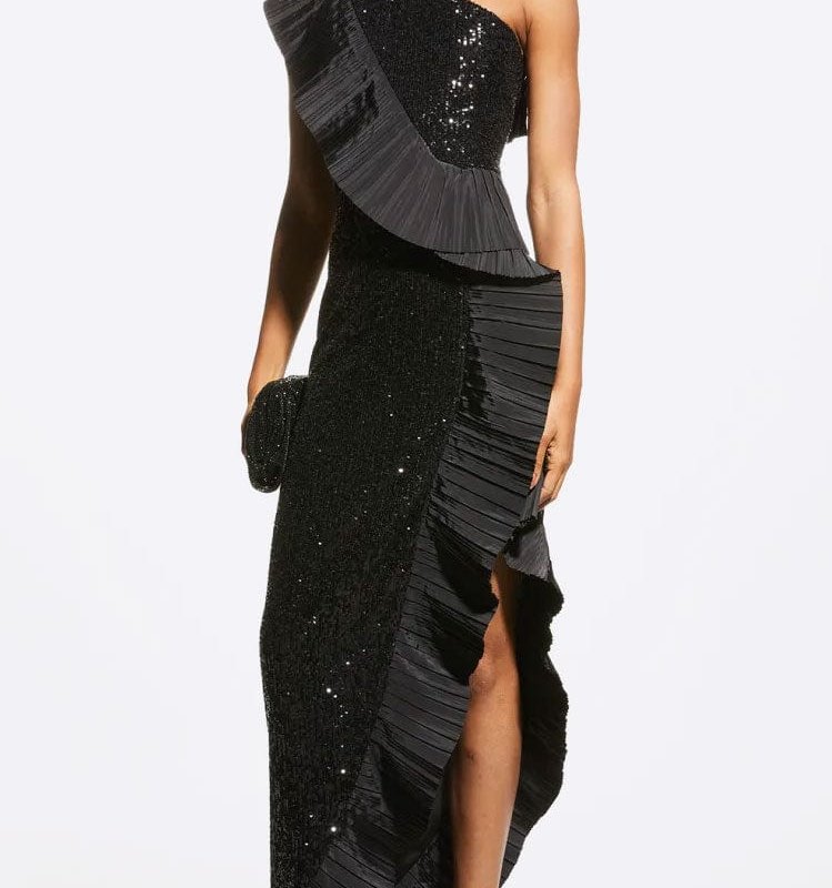 One33 Social The Mercer Sequin | Black Pleated Ruffle Gown