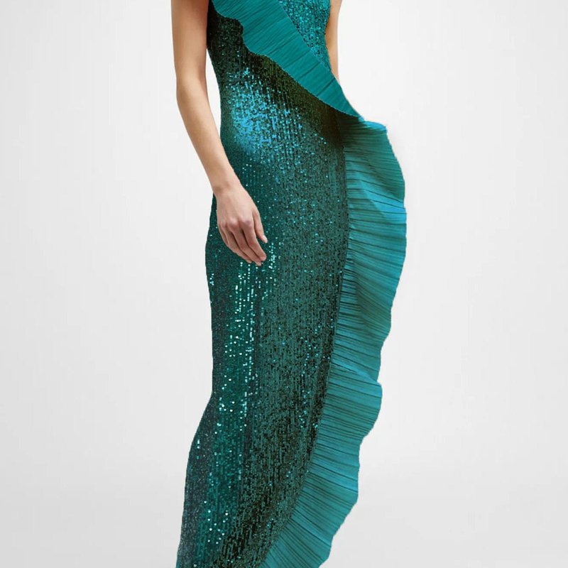 Shop One33 Social The Mercer Sequin | Emerald Pleated Ruffle Gown In Green