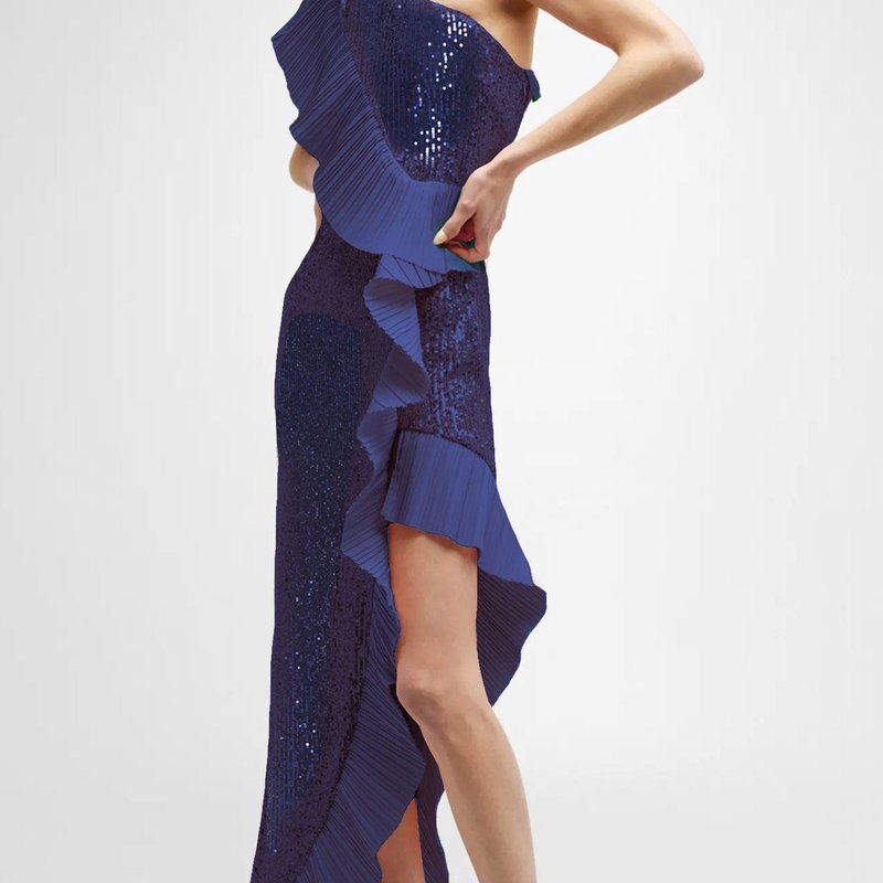Shop One33 Social The Mercer Sequin | Navy Pleated Ruffle Gown In Blue