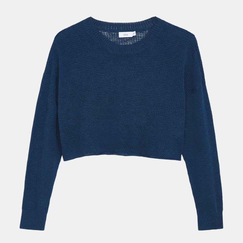 Onia Cropped Linen Sweater Crewneck In Blue Opal
