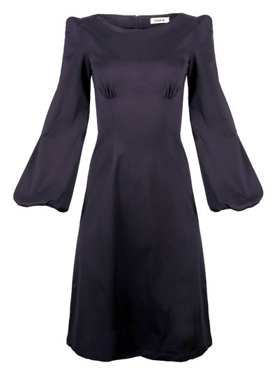 Onīrik Daphne Midi Dress With Bust Seam Detail And Blouson Sleeves / Black Cotton product