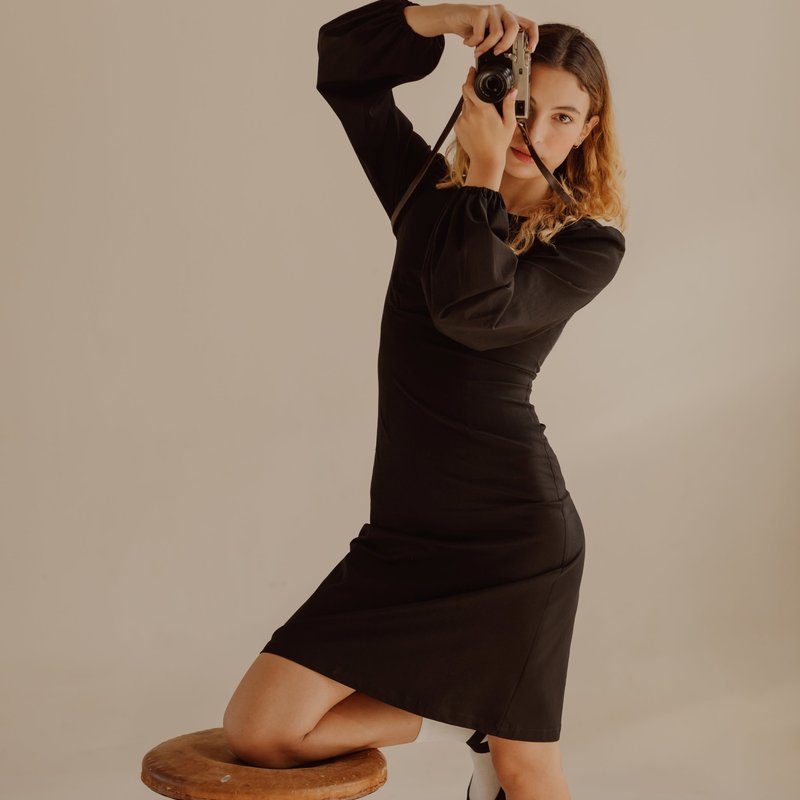 Onīrik Daphne Midi Dress With Bust Seam Detail And Blouson Sleeves / Black Cotton