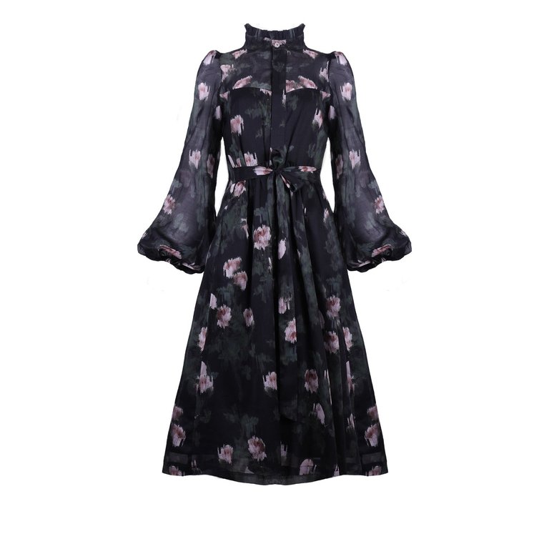 Felicia Dress in Black + Rose Watercolor Floral Cotton Voile - Green