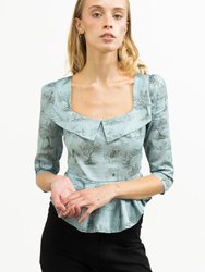 Mari Top in Cottage Blue & Pewter Green Cotton Toile