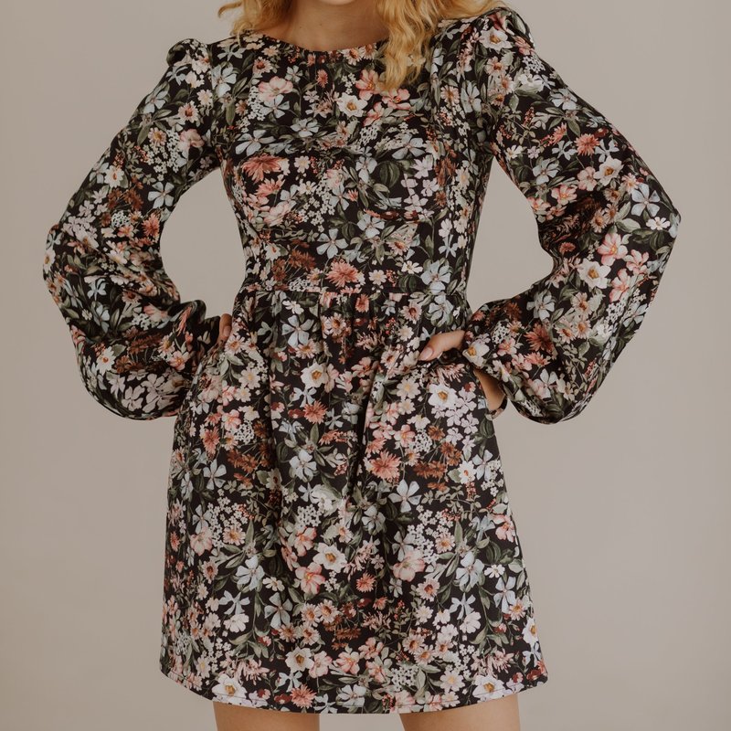 Onīrik Sadie Bateau Neck Mini Dress With Corset Seam Details / Black Floral Cotton