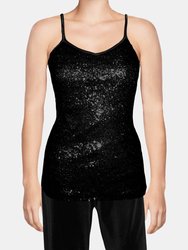 USA Made Ooh la la Sequin Tank Special Occasion Spaghetti Strap Camisole Top Fully lined Lined - Black