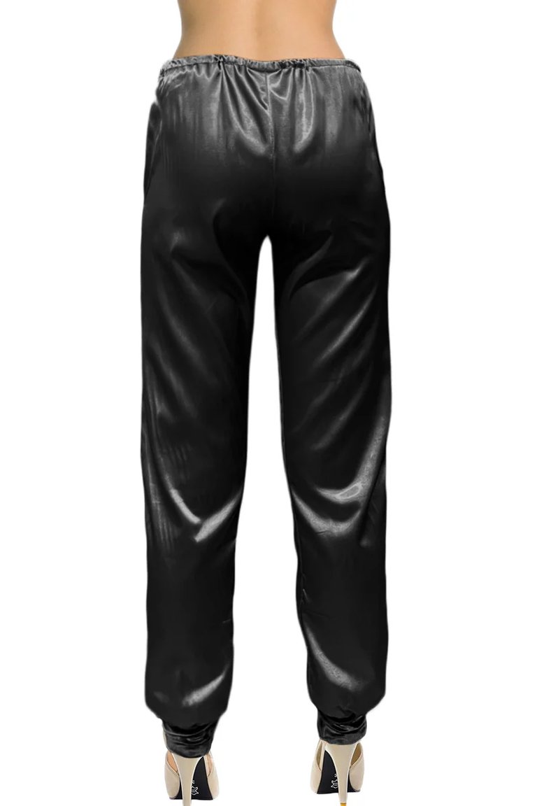 USA Made Ooh La La Stretch Satin Fully Lined Cuffed Joggers With Crystal Embellished Drawstring - Black