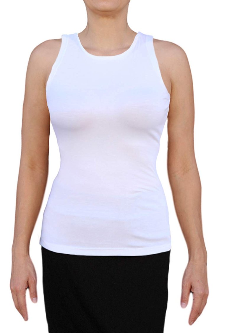 USA Made Ooh la la Womens Knit  Sleeveless Crew Neck Tank Top Blouse w Cut in Shoulders - White