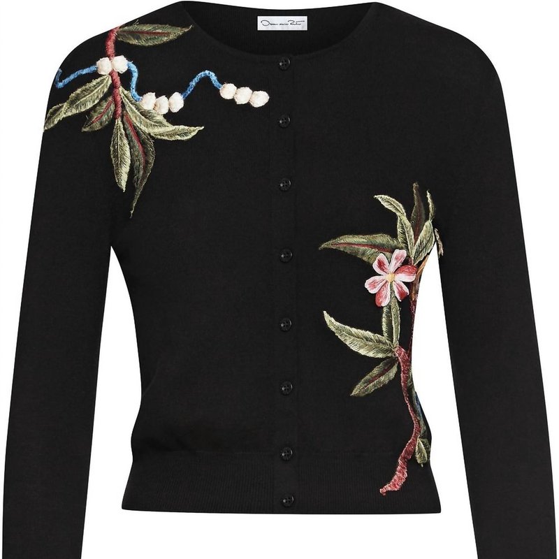 Shop Oscar De La Renta Floral Embroidered Cardigan In Black