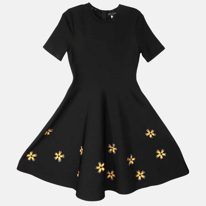Oscar De La Renta Women's Black Short Sleeve Fit And Flare With Sequin Flowers Dress